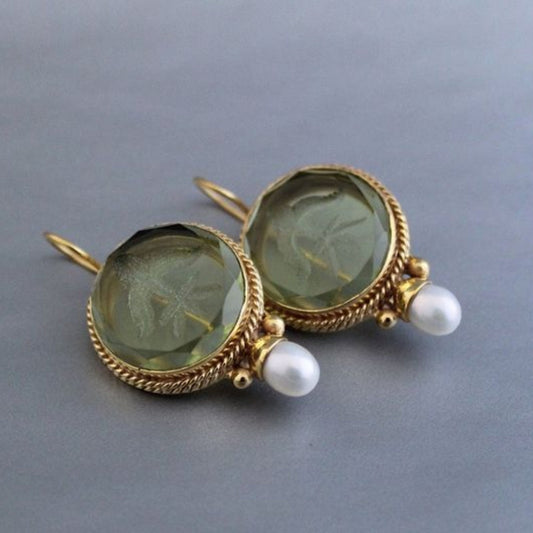Livia -  Green Stone Pearl Earrings