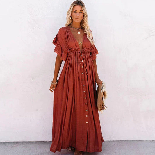 Celeste – Red V-Neck Maxi Dress