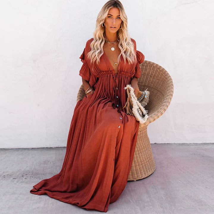Celeste – Red V-Neck Maxi Dress