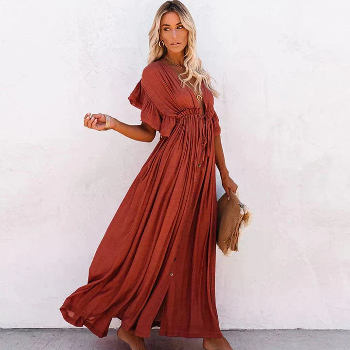 Celeste – Red V-Neck Maxi Dress
