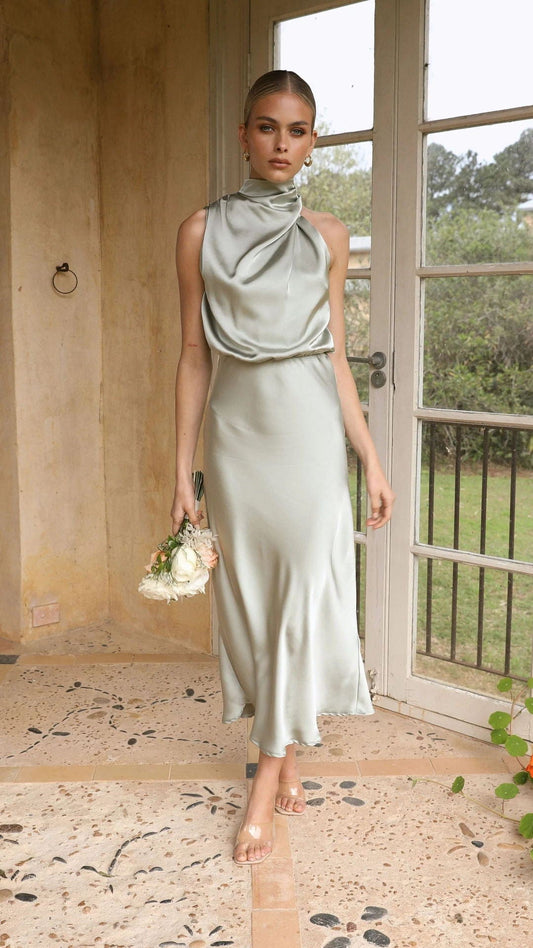 Celeste – High Neck Satin Dress (Light Gold)